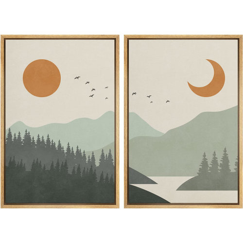 SIGNLEADER Sun and Crescent Moon over Green Gradient Forest Lake Nature Wilderness Illustrations - 2 Piece Floater Frame Graphic Art Set on Canvas | Wayfair