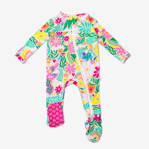 Rainbow Daisy Babe | Bamboo Footie Onesie Sleeper | "Patience & Kindness" | Thermo-Regulating, Double Zipper, 4-Way Stretch | Raising Mama