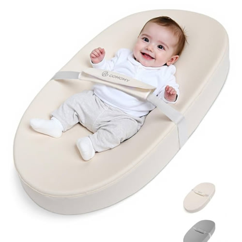 COMOMY Baby Changing Pad with Wipeable & Waterproof PU Cover, Contoured Diaper Changing Pad for Dresser with Non-Slip Safety Belt, Portable and Lightweight, Large Cushioned Foam, Beige