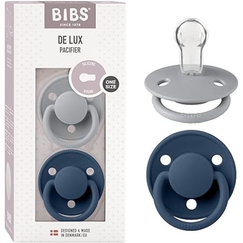 BIBS De Lux Baby Pacifier 2-Pack | Made in Denmark | BPA Free Dummy Soother, Round Nipple. Silicone, OneSize (0-36 Months), Cloud/Steel Blue