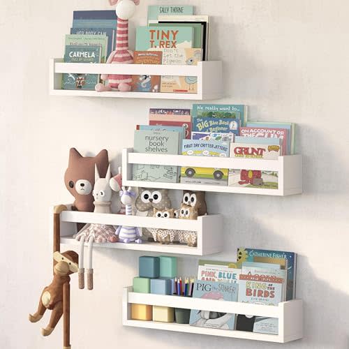 NATURE SUPPLIES Set of 4, White Floating Nursery Book Shelves, 23.1" Solid Wood Floating Bookshelves, Wall Book shelf for Kids Rooms Decor, Toys & Playroom Furniture, Kids Bookshelf, Nursery Bookshelf
