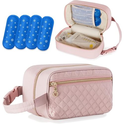 Damero Breastmilk Cooler Bag with 4 Ice Packs -Breastmilk Cooler Travel Bag Organizer with Detachable Buckle Handle for Daycare and Breastfeeding Mom,Pink