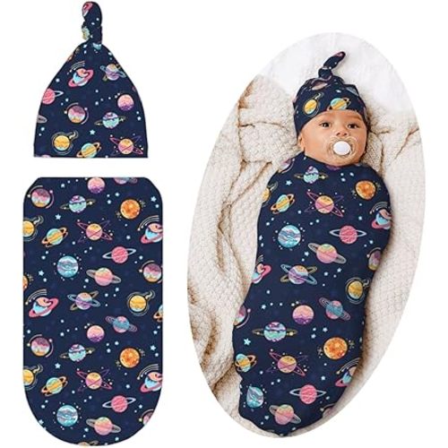Space Swaddle Blanket with Hat for Baby, Swaddling Sleeping Sacks, Space Planet Theme Baby Items Stuff, Shower Gifts for Boys Girls