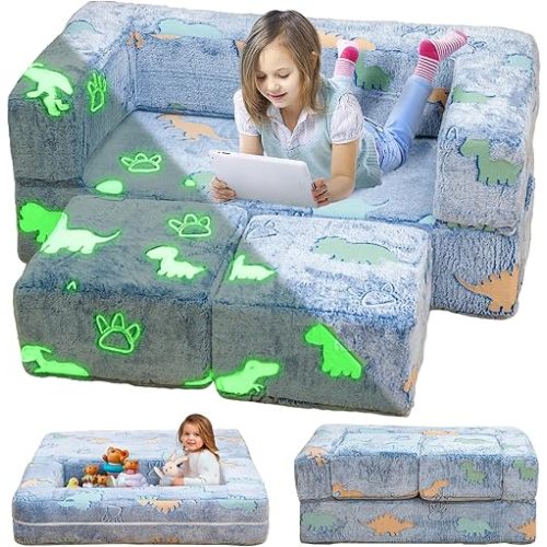 Toddler Couch, Glow in The Dark Kids Play Couch Toddler Fold Out Couch, Kids Fold Out Couch for playroom, Convertible Baby Fold Out Play Foam and Floor Cushion for Bedroom, Blue+Dinosaur