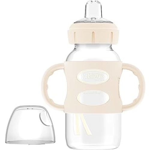 Dr. Brown’s® Milestones™ Wide-Neck Sippy Bottle with 100% Silicone Handles, Easy-Grip Bottle with Soft Sippy Spout, 9oz/270mL, BPA Free, Ecru, 6m+