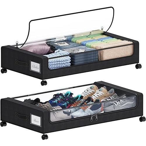 Under Bed Storage with Wheels, XXL 60L Under the Bed Storage Bins, Underbed Storage Containers with Lids & Label, Rolling Metal Drawer for Shoes, Clothes, Books, Toys (2-Pack Black)