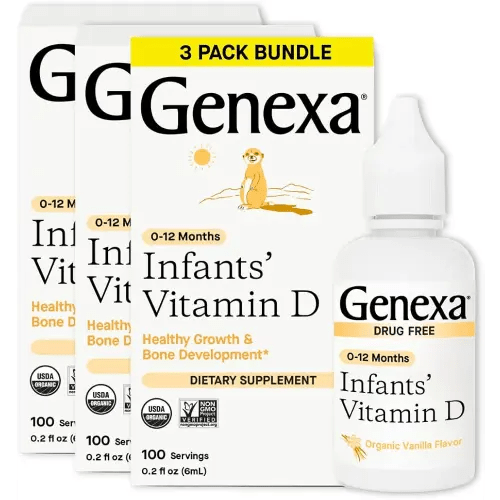 Genexa Infants Vitamin D Liquid Drops for Newborn, Baby & Toddler | Bone Development | Delicious Organic Vanilla Flavor | Certified Organic, Gluten Free, & Non-GMO | 270 Servings (3 Pack)