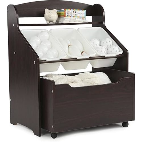 Humble Crew Toddler-Size Storage Unit with Rolling Toy Box, Espresso & White