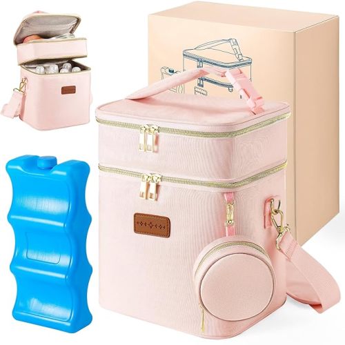 Breastmilk Cooler Bag with Ice Pack & Pacifier Case, Large Double Layer Insulated Baby Bottle Cooler Fits 6 Bottles, Breast Pump Storage Bag for Working Nursing Moms, with Gift Box