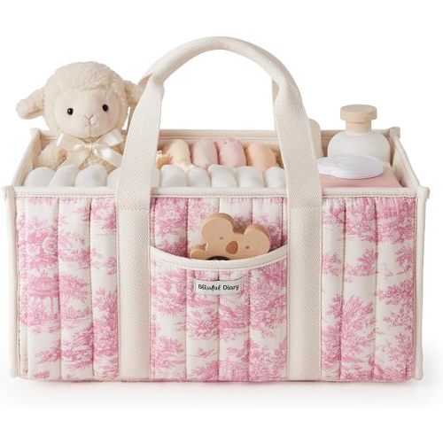 Blissful Diary Toile Diaper Caddy Organizer, Stylish Nursery Storage Basket, Gift for Baby Shower, Newborn Essentials, Registry Search Must Haves, Pink Toile
