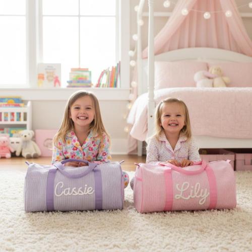 Personalized Seersucker Duffle Bag Kids Travel Overnight Bag Embroidered Name