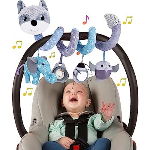 Car Seat Toys for Babies 0-6 Months, Infant Activity Spiral Car Seat Toys 6-12 Months Hanging Stroller Toys for Baby Newborn Rattles Toys 0-6 Months with Musical Elephant Owl Squeaker - Gray Fox