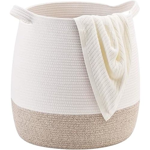 MINTWOOD Design Large 17 x 17 Inches Decorative Woven Cotton Rope Blanket Basket for Living Room, Laundry Basket Hamper, Storage Baskets with Handles for Toys, Throws, Pillows, Towels, Shoes, Brown