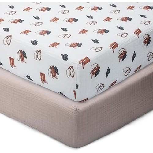 LollyBanks Baby Crib Sheets 2 Pack, 100% Cotton Muslin Breathable Fitted Crib Sheet for Boys, Soft and Snug Baby Bed Sheets for Standard 52"x28" Mattress, Infant Essentials (Cowboy and Solid Tan)