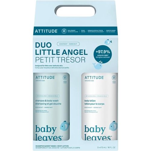ATTITUDE Baby 2-in-1 Shampoo & Body Wash and Baby Lotion Set, EWG Verified, Dermatologically Tested Soap and Moisturizing Cream, Vegan, Good Night, 16 Fl Oz each