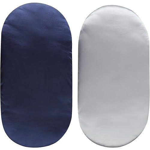 Satin Bassinet Sheet Set 2 Pack Ultra Soft Silk Fit for Rectangle, Hourglass, Oval Bassinet Mattress Protect for Baby Hair and Skin Cradle or Bassinet Sheets, Lt Grey & Navy