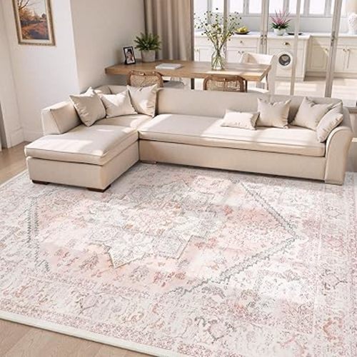 LIVEBOX Pink Area Rug 8x10 - Large Oriental Floral Living Room Rug Accent Rug for Bedroom, Non-Slip Retro Medallion Carpet Print Distressed Rug for Dining Room Guest Room Office Pink
