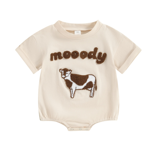 Loalirando Baby Boys Girls Bubble Romper Crewneck Cow Embroidery Short One Piece Jumpsuit Summer Western/Farm Clothes