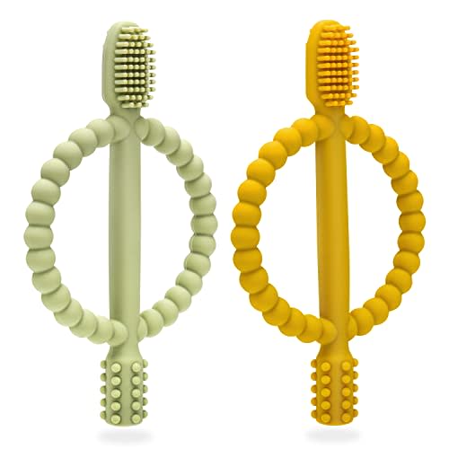 Baby Teething Toys with Easy-Hold Handle, Silicone Infant Toothbrush, Textured On Both Sides Helps Massage, Soothe Sore Gums, Teething Toys for Babies 0-6 Months, 6-12 Months