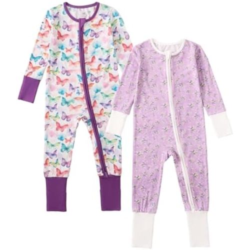 OPAWO Viscose from Bamboo Baby Pajamas Girl 2pack Mittens Cuff 2 Way Zipper Soft Footless Sleeper Baby Boy One-Piece Romper