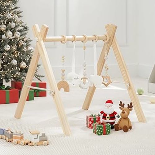 Comfy Cubs Baby Play Gym - Natural Finish Pinewood Baby Activity Center with 5 Sensory Hanging Toys - Easy No-Tool Assembly Baby Gym, Safe for Infant Motor and Visual Development - Natural Wood