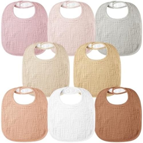 Bearmoss Muslin Baby Drooling Bibs 8 Pack, 100% Cotton Square Adjustable Bandana Bibs Gift for Baby Girls Boys Teething Drool