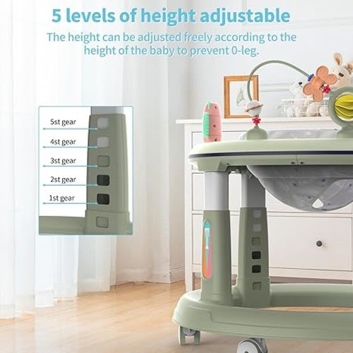 Baby Walker with 5 Adjustable Heights, Baby Walkers and Activity Center for Boys Girls Babies 6-12 Months, Features 360 Degree Swivel Seat, Music, Detachable Toys, Bounce Foot pad(Green)…