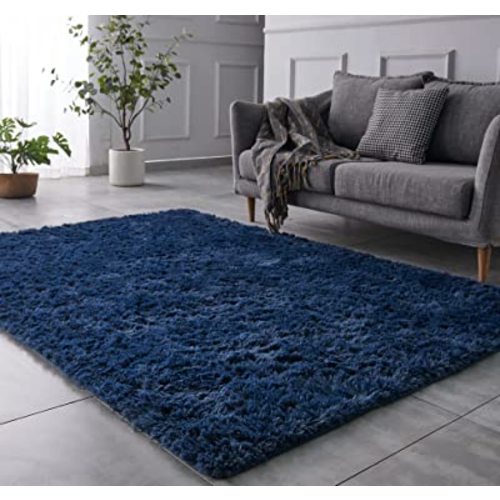 TABAYON Indoor Modern Soft 7x10 Shag Area Rugs, Non-Slip Plush Nursery Accent Area Rug, Furry Faux Fur Shaggy Carpet for Living Room Home Decor Navy Blue