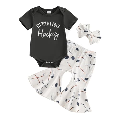 MOLZULAMS Newborn Baby Girl Clothes I'm Told I Love Hockey Short Sleeve Romper Bodysuit Flared Pants Headband Summer Clothes
