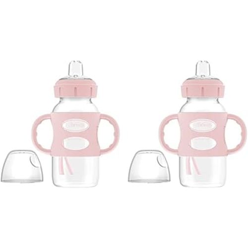 Dr. Brown's Milestones Wide-Neck Sippy Spout Bottle with 100% Silicone Handles, Easy-Grip Handles with Soft Sippy Spout, 9oz/270mL, Light-Pink, 2-Pack, 6m+