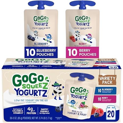 GoGo squeeZ yogurtZ Variety Pack, Blueberry & Berry, 3 oz (Pack of 20), Kids Snacks Made from Real Yogurt and Fruit, No Fridge Needed, Gluten Free, Nut Free, Recloseable Cap, BPA Free Pouches