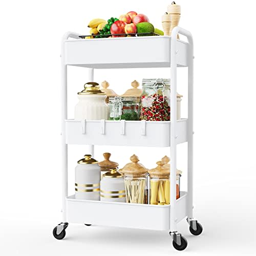 LEHOM 3 Tier Rolling Utility Cart, Metal Trolley Cart with Wheels, Hooks, Easy Assembly Organizer Storage Cart for Bathroom, Kitchen, Office, Bedroom(White)