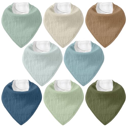 CIVARUA KIDS 8 Pack Muslin Baby Bandana Bibs for Drooling and Teething | Absorbent Cotton Drool Bib for Baby Boy Girl, Easy Adjustable Bibs for Newborn Infants Toddlers, 0-36 Months, Green Blue