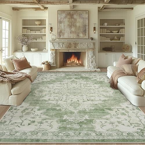 8x10 Area Rugs Washable Rug: Lagre Vintage Living Room Rug with Non-Slip Backing Low Pile Rug Soft Indoor Floor Thin Carpet Non Shedding Neutral Carpets for Bedroom Dining Room Farmhouse Nursery Green