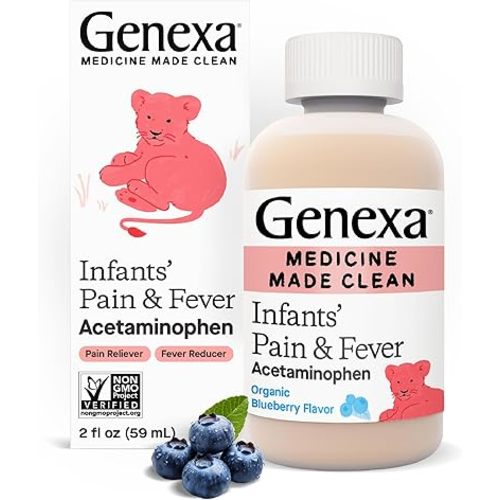 Genexa Infants’ Clean Pain & Fever Acetaminophen, Dye Free, 0% Artificial Additives, Delicious Organic Blueberry Flavor, Liquid Oral Suspension Medicine for Baby, 160 mg per 5mL, 2 fl oz