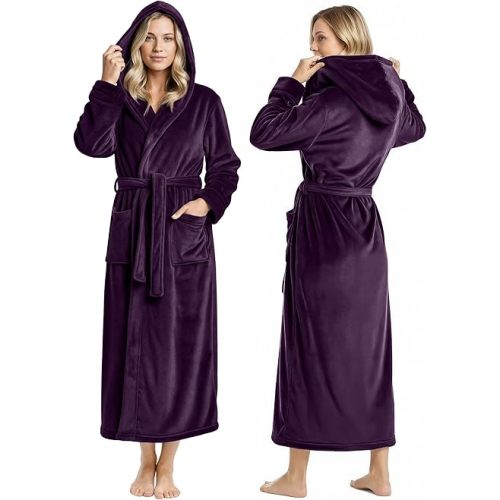 NY Threads Women's Fleece Hooded Bathrobe Plush Long Spa Robe, Medium
