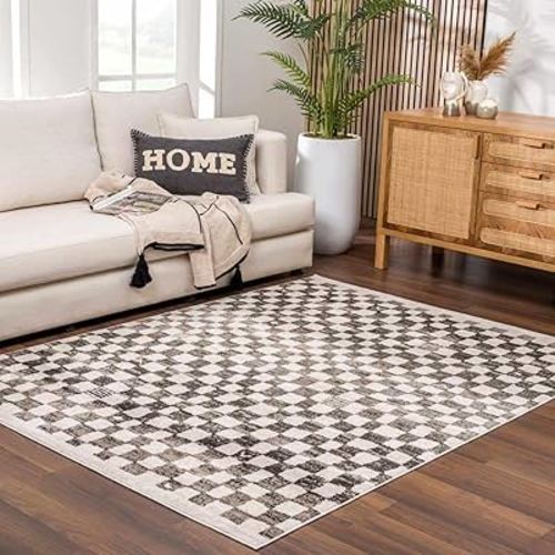 Hauteloom Benjy Living Room, Checkered Bedroom Area Rug - Farmhouse - Cream, Charcoal - 6'7" x 9'