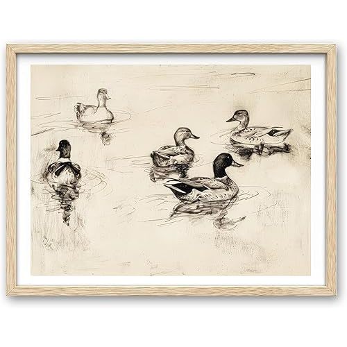 iHery Natural OAK Wood Cute Framed Wall Art, 12x16in Vintage Ducks Sketch Canvas Print, Cottagecore Neutral Beige Frame Logs Antique Art for Kids Room, Living Room Set of 1