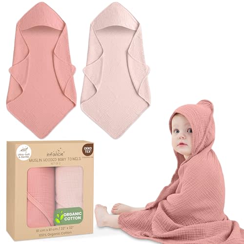 infancie Organic Cotton Muslin Baby Hooded Towels - 32x32 Inch, 2 Pack Newborn Bath Towels for Boys & Girls, Soft & Absorbent Bath Set (Rose/Peach)