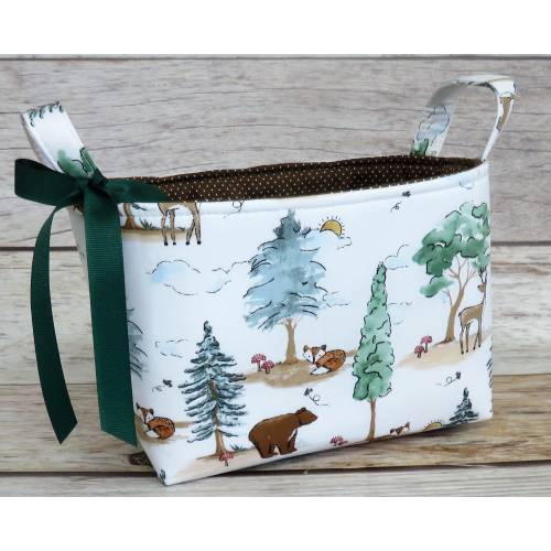Woodland Critters Brown Bear Red Fox Deer Pine Trees Fabric - Storage Fabric Organizer Bin Basket - Nursery Baby Room Decor
