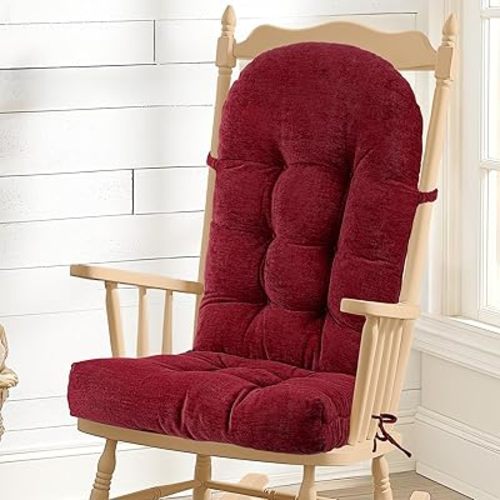Rocking Chair Cushion - Chenille Fabric, High-Density Sponge, Durable Comfort Non-Slip Bottom Tufted Seat Pads with Ties, Chenille︱Red, 44x19x4 inch
