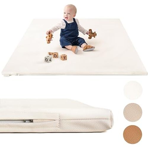 Padded Baby Play Mat - Thick Play Mat for Baby - Protective & Super Soft Non Toxic Vegan Leather Floor Mat for Baby Girls and Boys - 50 x 50 Playpen Mat -Wipeable Tumbling Crawling Mat for Baby