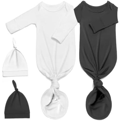 2Pk Newborn Knotted Gown Set, Soft Baby Sleep Sack & Hat, Boys Girls Clothes, Easy Diaper Change Baby Gift