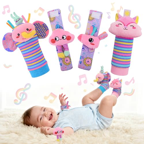 Baby Toys 0-6 Months, Rattle Socks and Wrist Sensory Toys for Infants, Socks and Foot Finder Set with Sound for Babies 6-12 Months, 0-12 Months Newborn Essentials Toy, Baby Girl Shower Gifts - Pink