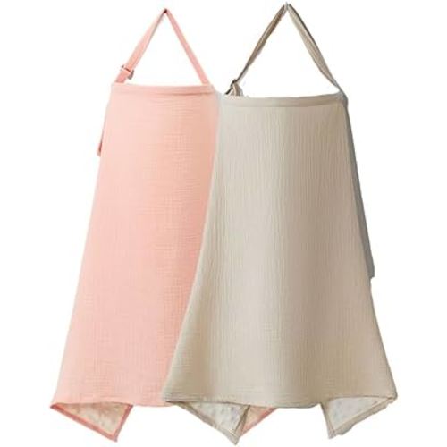 Nursing Cover, Muslin Nursing Cover up for Breastfeeding, Soft & Breathable 100% Cotton with Adjustable Neck Strap, Multi-Use Nursing Apron & Baby Essentials, 2 Pack (Pink and Wheat Color)