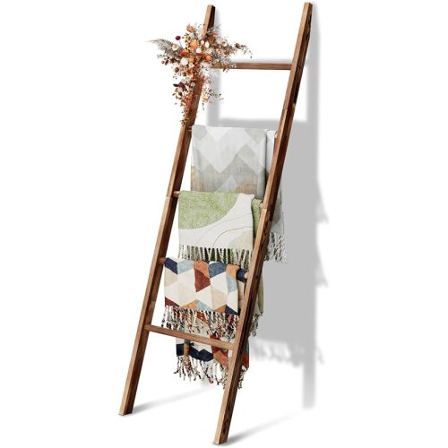 5-Tier Blanket Ladder Wooden, 5.3FT(63'') Blanket Quilt Holder Rack Decorative Ladders, Easy Assembly, Rustic Farmhouse Ladder Shelf for The Living Room Bedroom Bathroom Home Decor, Brown