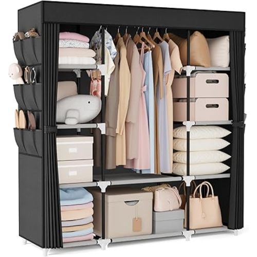 VTRIN Portable Closet Wardrobe for Hanging Clothes 57.3 Inch Large Capacity Clothes Rack with Cover, 10 Storage Organizer Shelves, 1 Hanging Rods and 6 Pockets, Free Standing Closet for Bedroom, Black