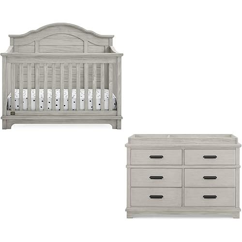 Delta Children Asher Crib and Dresser Nursery Furniture – 6-in-1 Convertible Crib with Toddler Rail | Fully Assembled 6 Drawer Dresser with Changing Top | Rustic Mist