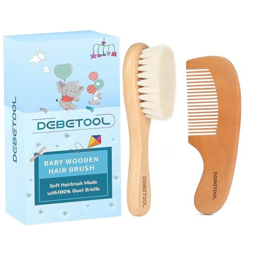 Baby Hair Bush and Comb Set - Wooden Baby Hair Brush Set with Soft Goat Bristle and Baby Comb for Newborns & Toddlers, Ideal for Promotes Healthy Hair Growth, Cradle Cap