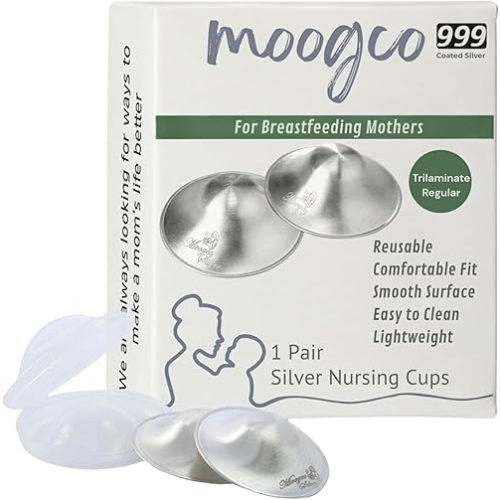 MOOGCO The Original Silver Nursing Cups - Nipple Shields for Breastfeeding Newborn - Breastfeeding Essentials - 999k Tri-Laminate Silver Nipple Covers (Regular Size, Set of 2)